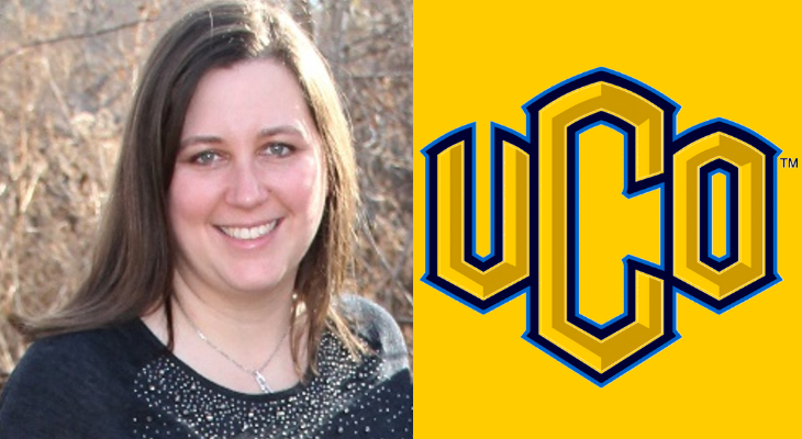 Student Tara Dalinger and the logo of the University of Central Oklahoma