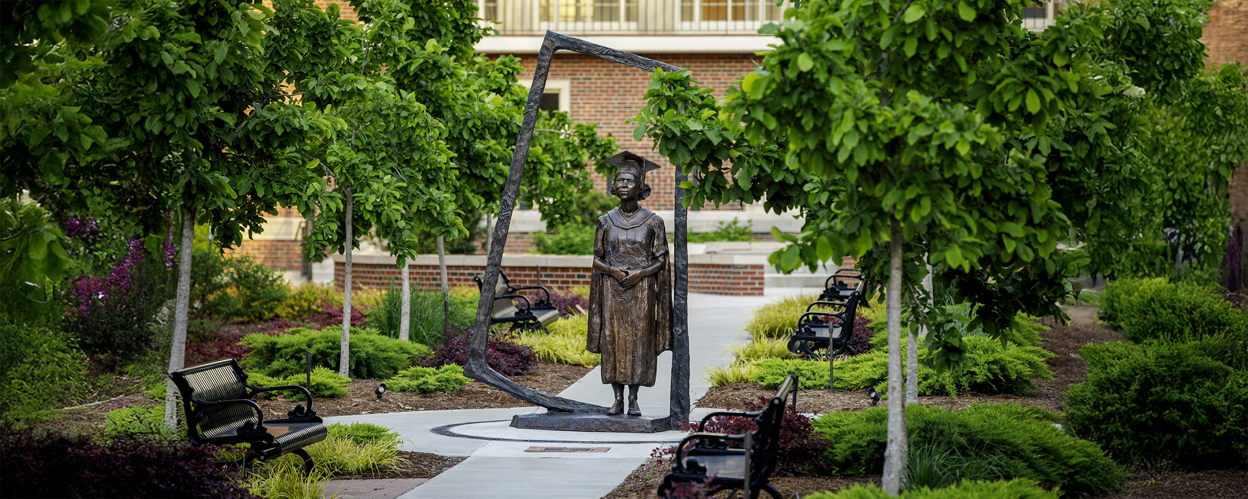 View of benches and OSU pillar in front of NRD building
