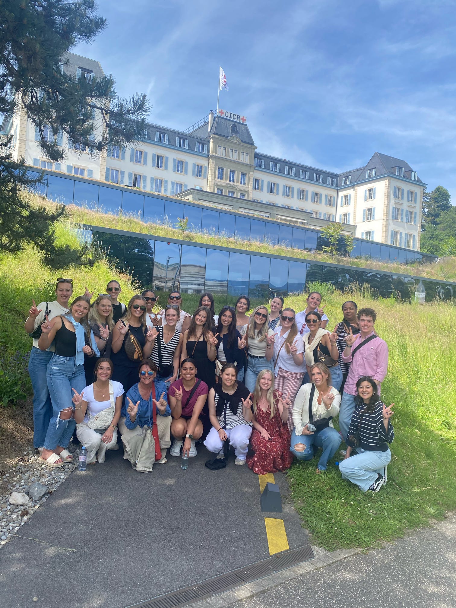 Students gather outside during a study abroad trip to Europe