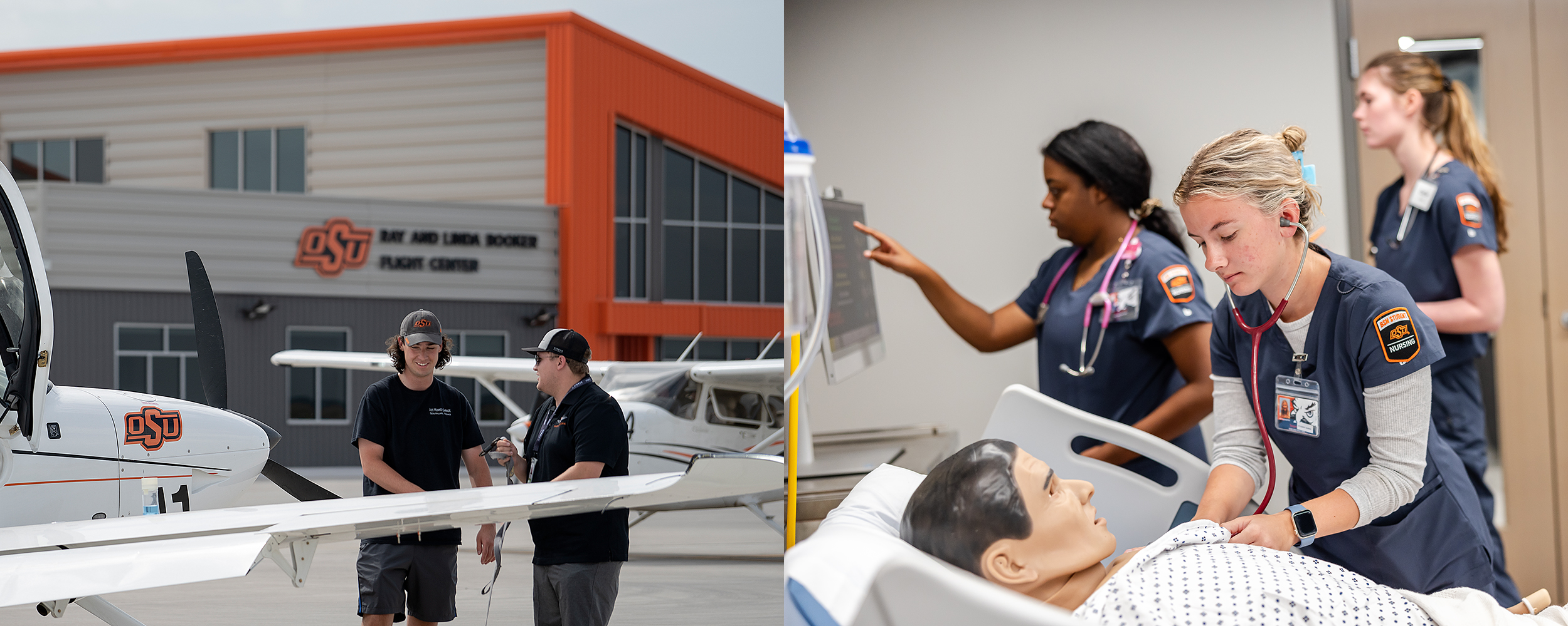 A split image shows students outside Oklahoma State University’s Ray and Linda Booker Flight Center beside an aircraft and nursing students practicing patient care on a medical mannequin.