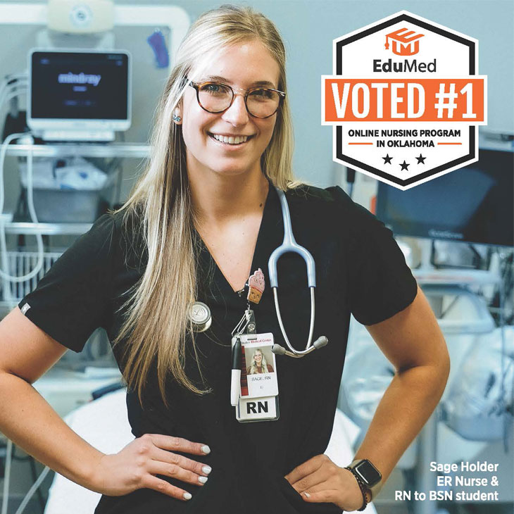 Nursing student smiling in hospital; ranking badge in top right corner