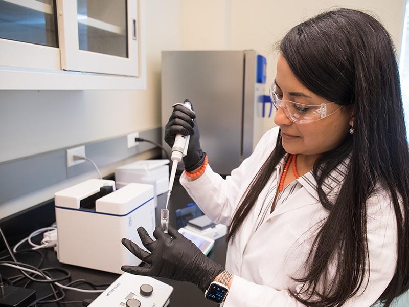 Instructor doing research in a lab