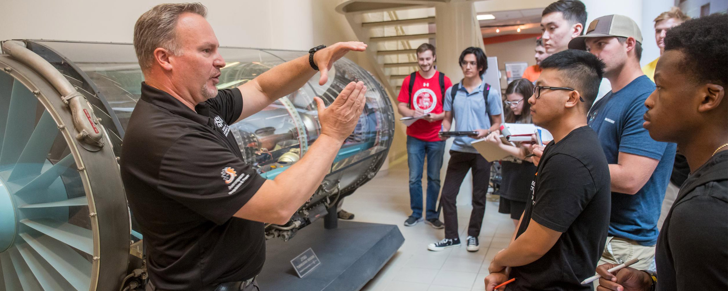 Dr. Kurt Rouser teaches a class about turbo jet engines