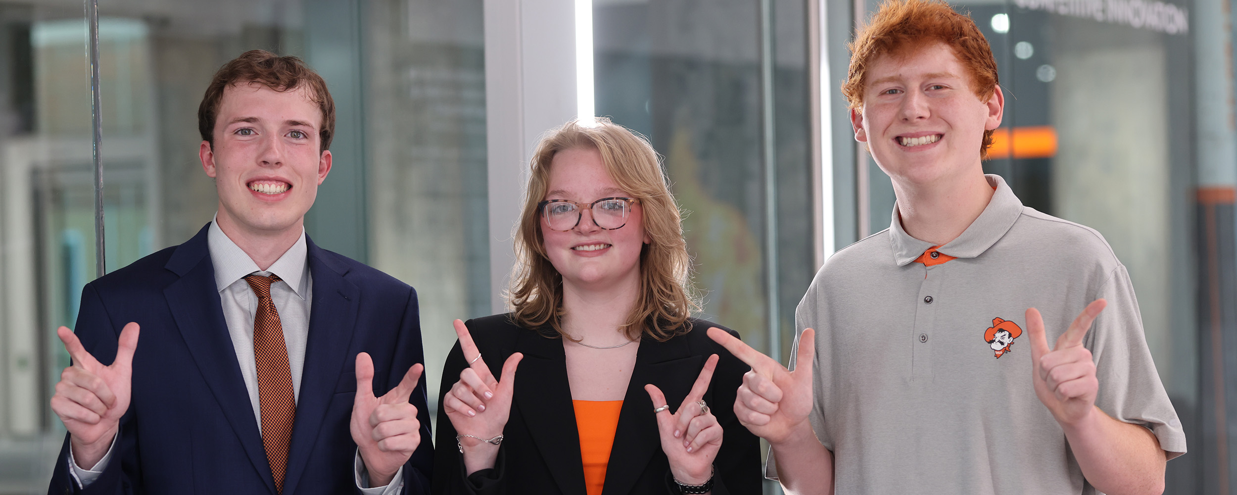 OSU's College of Engineering, Architecture and Technology announces their 2025 W.W. Allen Scholarship recipients. Left to right; Camden McDonald, Piper Swain and Austin Wallick.