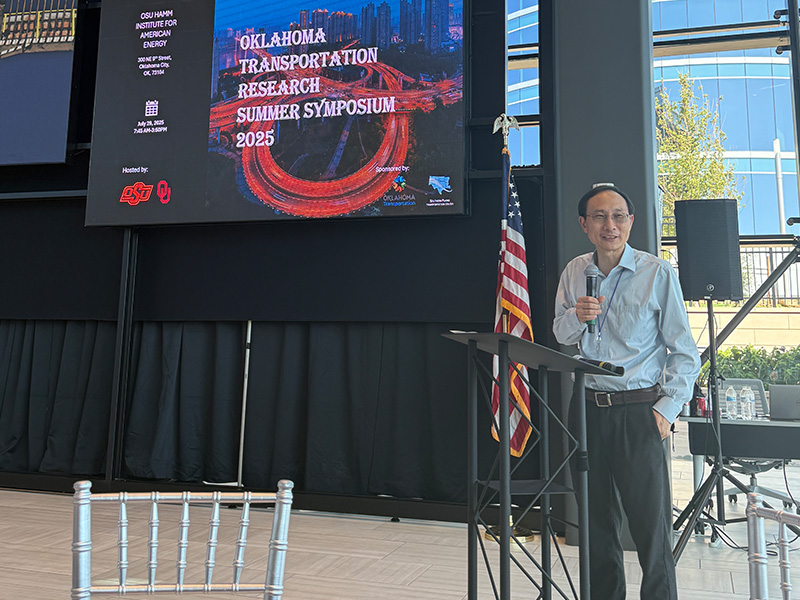 Dr. Joshua Li presenting at the opening of the 2025 Oklahoma Transportation Research Summer Symposium