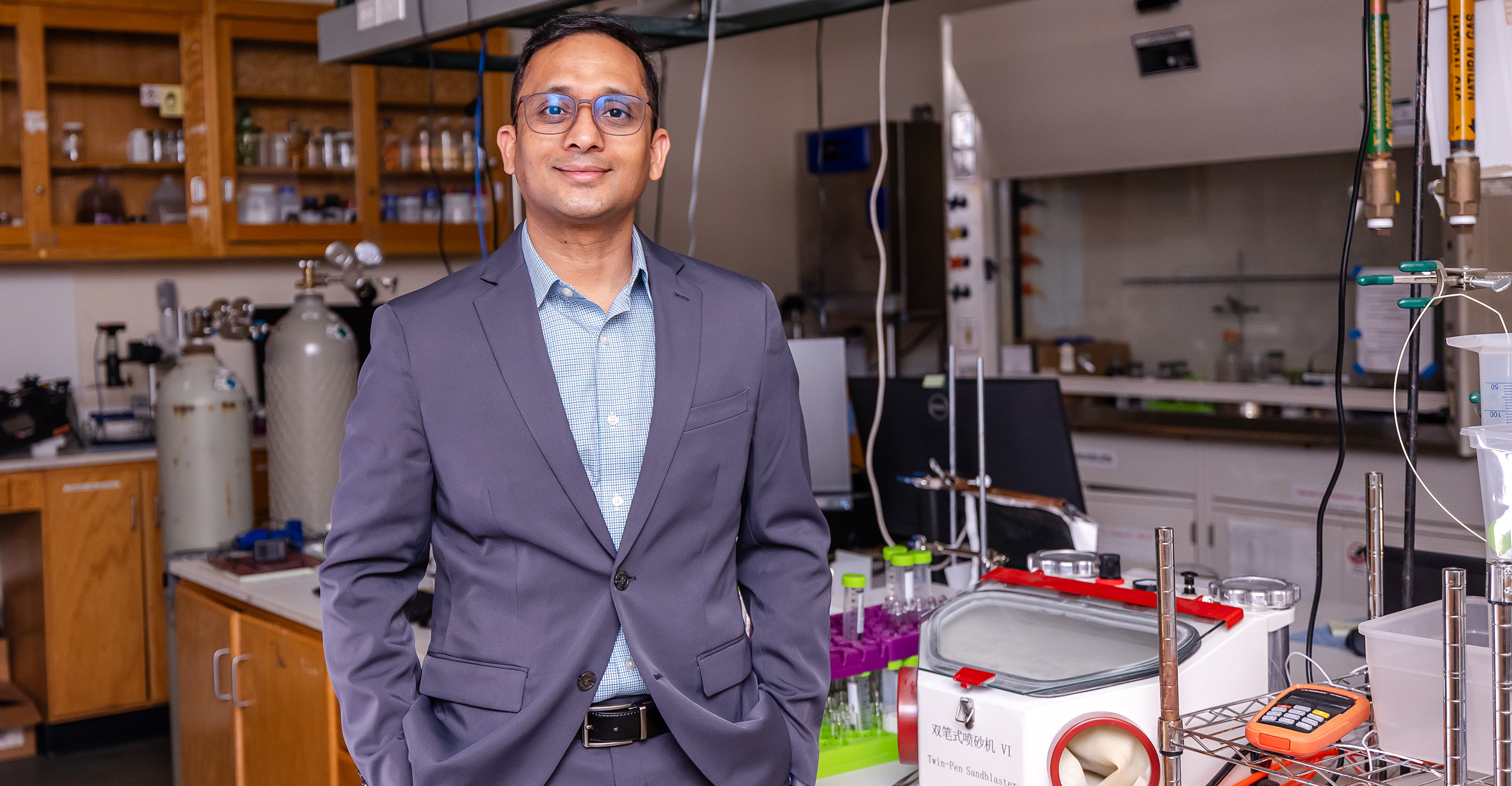 Dr. Prem Bikkina poses for a photo in his laboratory at Oklahoma State University.