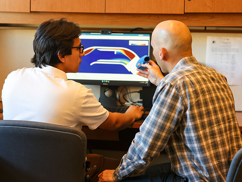 A professor and student look over research data on a computer screen.