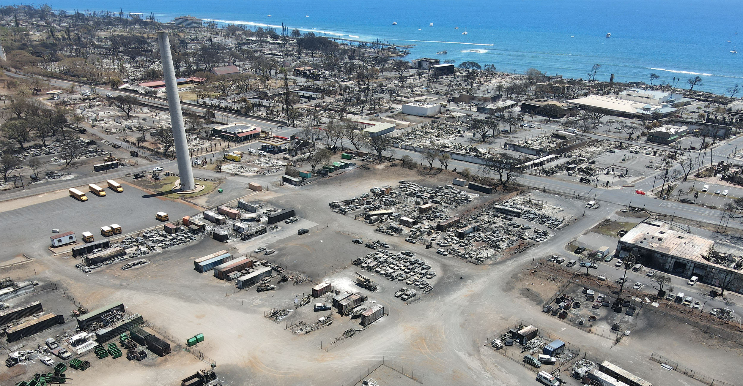 This image shows an aerial view of damage to a neighborhood following devastating wildfires in Lahaina, Hawaii, in August 2023.