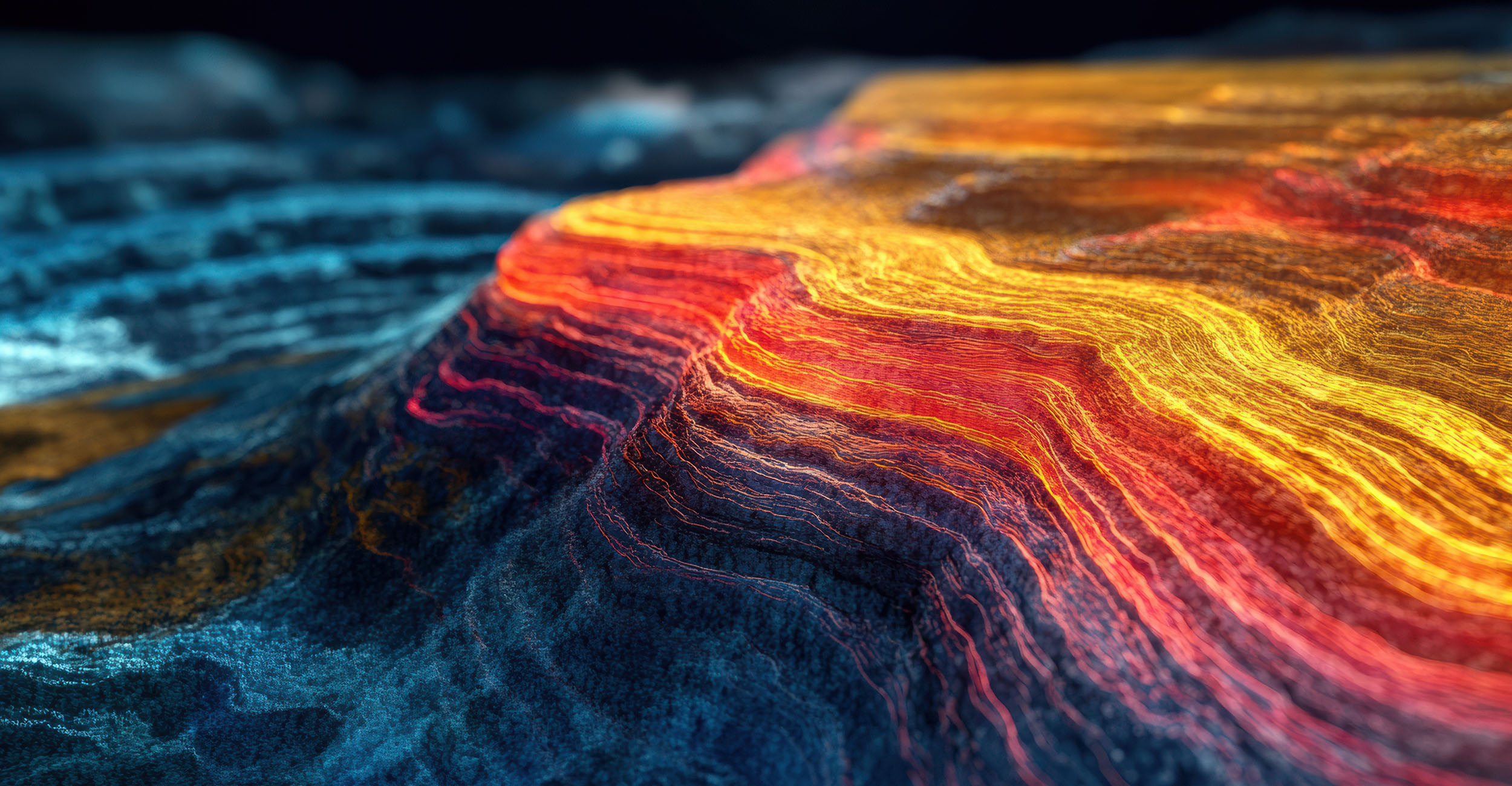 An artistic representation of 3D seismic imaging and birbrant heat-mapped underground layers. Bright primary and secondary colors are used to show the different layers of a rock formation.