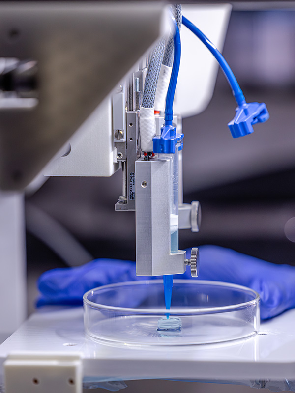 A close up image of a tissue scaffold sitting in a petri dish on a 3D printing machine.