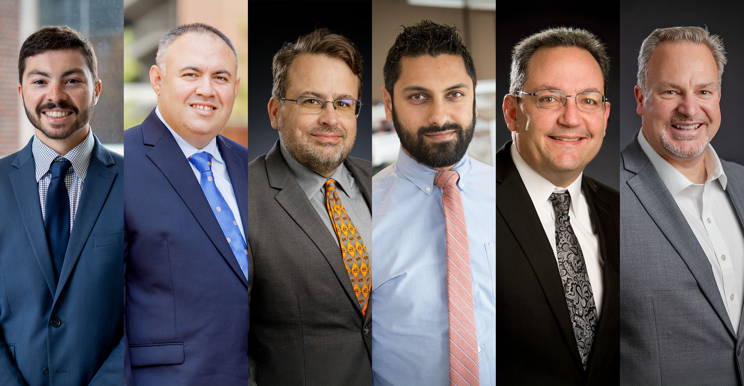 Collage of six professional headshots featuring faculty members, researchers, and industry professionals wearing business attire against a variety of office and studio backgrounds.