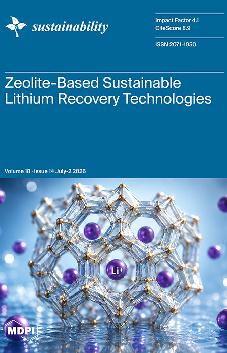 A journal cover with a teal-blue background and white text. The upper portion displays the Sustainability logo, along with “Impact Factor 4.1,” “CiteScore 8.9,” and “ISSN 2071-1050.” A horizontal white line separates this information from the large title, “Zeolite-Based Sustainable Lithium Recovery Technologies.” Near the bottom of the blue section is the issue information, “Volume 18 · Issue 14 July-2 2026.”