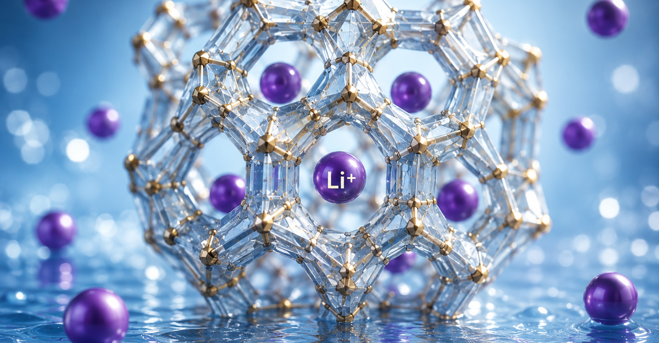A stylized molecular lattice made of transparent, faceted crystal-like tubes connected by small gold-colored nodes rises from a reflective blue water surface