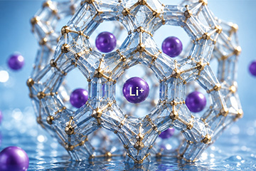 A stylized molecular lattice made of transparent, faceted crystal-like tubes connected by small gold-colored nodes rises from a reflective blue water surface