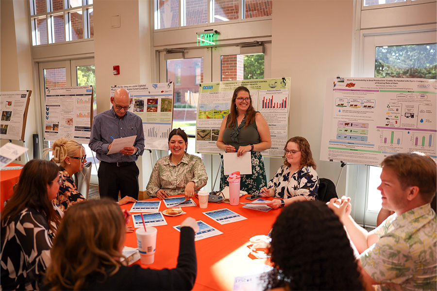 A group of participants sits and stands around a table in a bright indoor space with research posters displayed behind them, discussing projects during Oklahoma Water Research Mentorship Day.