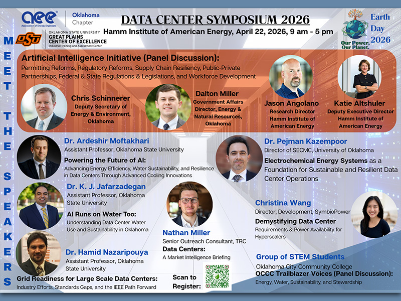 Promotional graphic for the “Data Center Symposium 2026” showing speaker headshots, presentation topics, and event details including date, time, and location at the Hamm Institute of American Energy.
