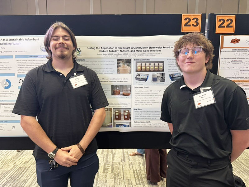 Two student researchers standing in front of a poster presentation on stormwater runoff treatment at a research showcase.