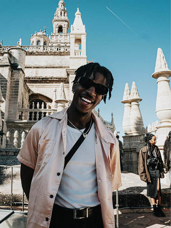 Jai Simpson poses for a portrait photo while on a study abroad trip as part of his coursework for the School of Architecture at Oklahoma State University.