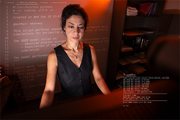 Researcher working at a computer workstation with programming code and simulation output displayed on screen.
