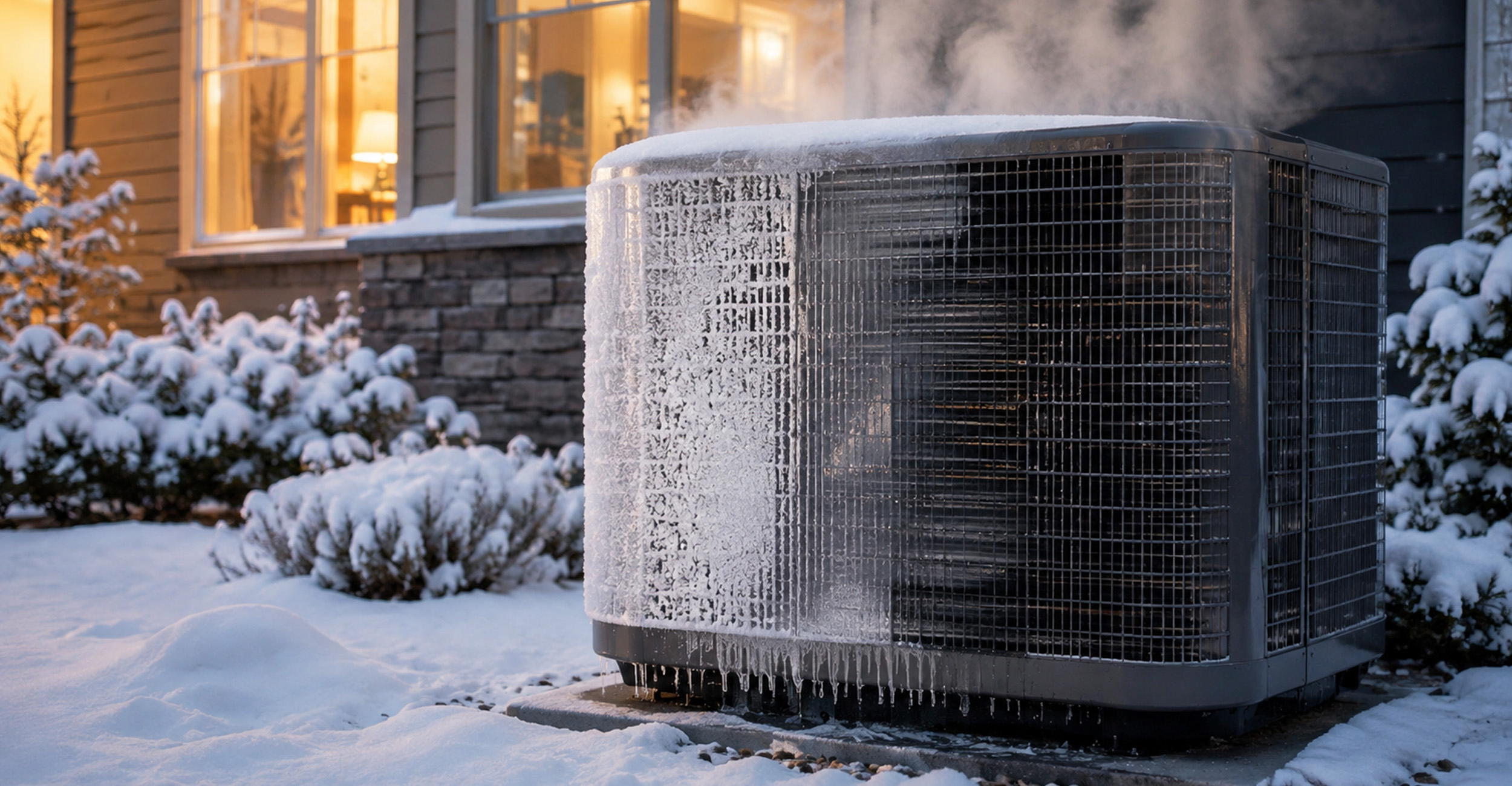 The image depicts an outdoor air conditioning unit partially covered in ice and frost, situated in a snowy environment