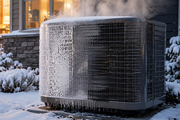 The image depicts an outdoor air conditioning unit partially covered in ice and frost, situated in a snowy environment