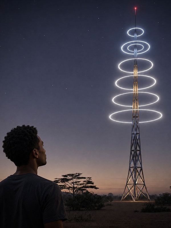 Conceptual rendering of a communications tower illuminated by six glowing circular bands. A person in the foreground looks toward the structure as it rises above a rural landscape at twilight, symbolizing digital connectivity and communication.