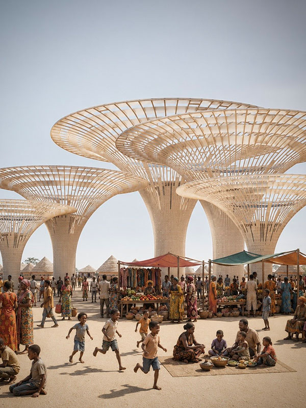 People gather in an open-air marketplace beneath large tree-like canopy structures, with vendors, produce stands, and community activities filling the space.
