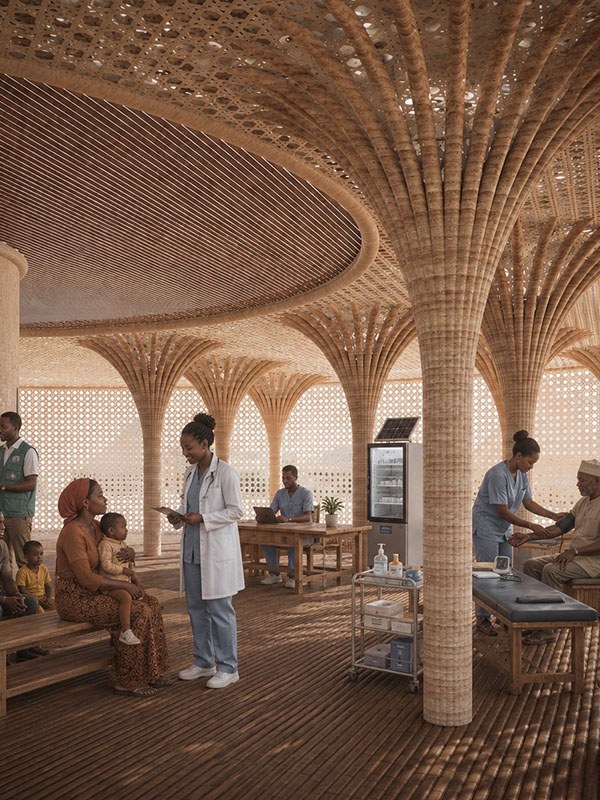 Patients and healthcare workers interact inside a community health center featuring tree-like columns and an open architectural design.