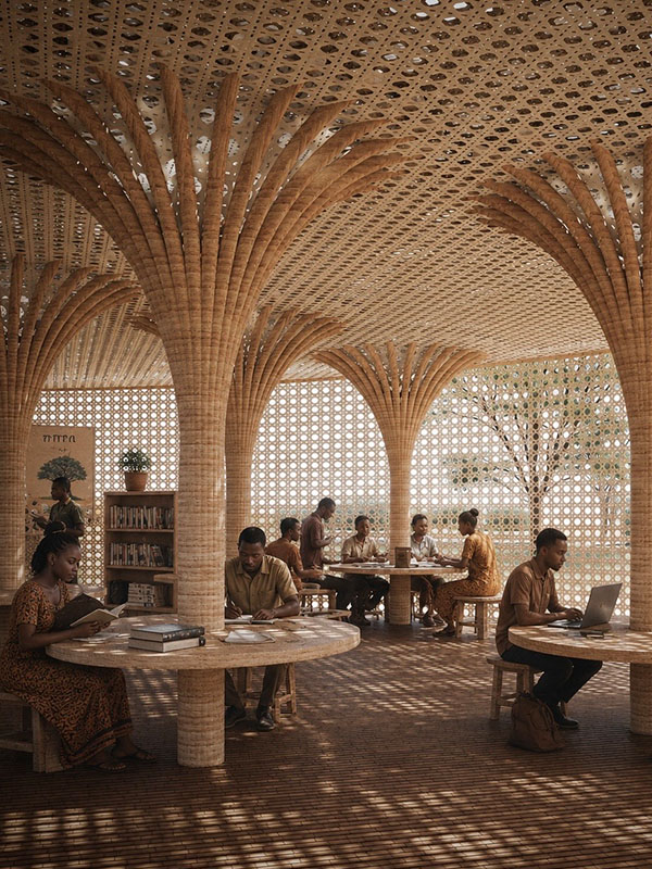 People study, read, and work on laptops inside a community learning space with large tree-shaped columns and open seating areas.