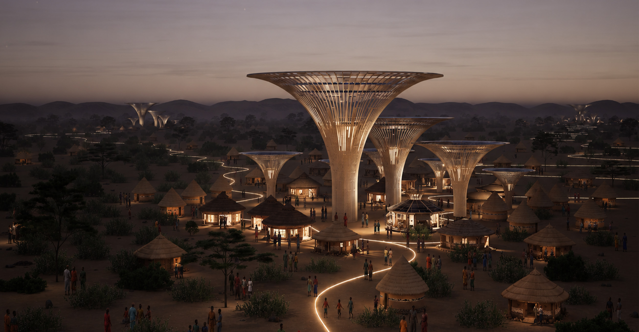 A conceptual community at dusk features illuminated tree-like structures rising above buildings and pathways, providing light and infrastructure throughout the landscape.