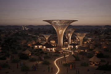 A conceptual community at dusk features illuminated tree-like structures rising above buildings and pathways, providing light and infrastructure throughout the landscape.