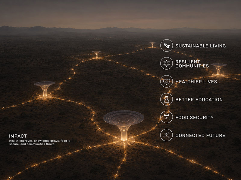 Aerial view of interconnected illuminated hubs across a landscape, accompanied by text highlighting goals such as sustainable living, resilient communities, education, food security, and connectivity.