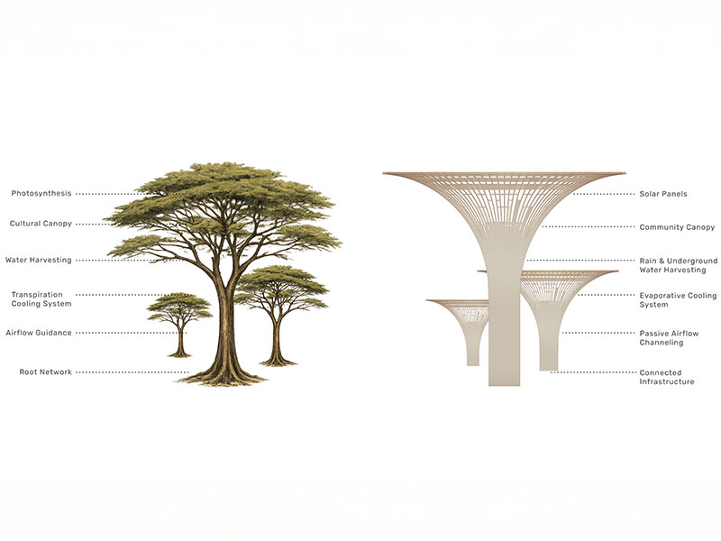 Side-by-side diagram comparing a tree's natural systems with a tree-shaped community infrastructure design inspired by those biological functions.