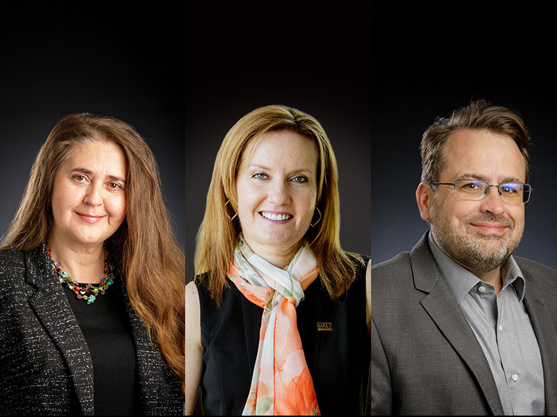 Composite image featuring three professional head-and-shoulders portraits against dark backgrounds, arranged side by side.