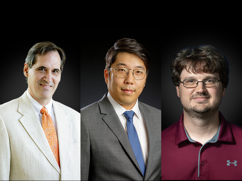 Composite image featuring three professional portrait photographs displayed side by side against dark backgrounds.