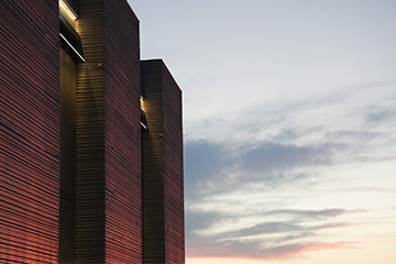 Side view of the Hamm Institute in the evening during sunset