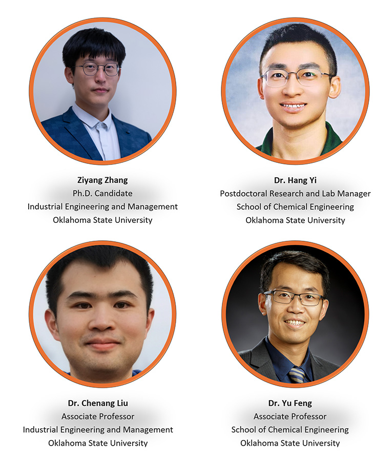 Composite graphic featuring four Oklahoma State University researchers associated with the AI-guided smart inhaler project. The layout includes professional headshots arranged in a two-by-two grid with orange circular borders and name titles beneath each photo.