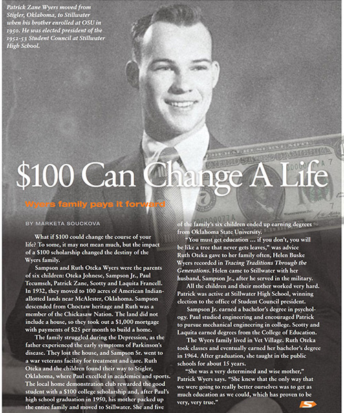 Black-and-white magazine page titled "100 Can Change A Life" featuring a portrait of Patrick Zane Wyers as a young man