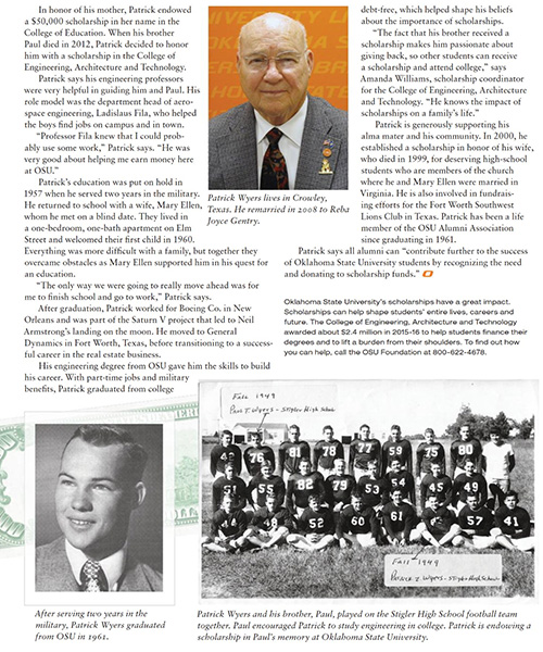 Magazine spread about Oklahoma State University alumnus Patrick Wyers featuring a color portrait of Wyers later in life