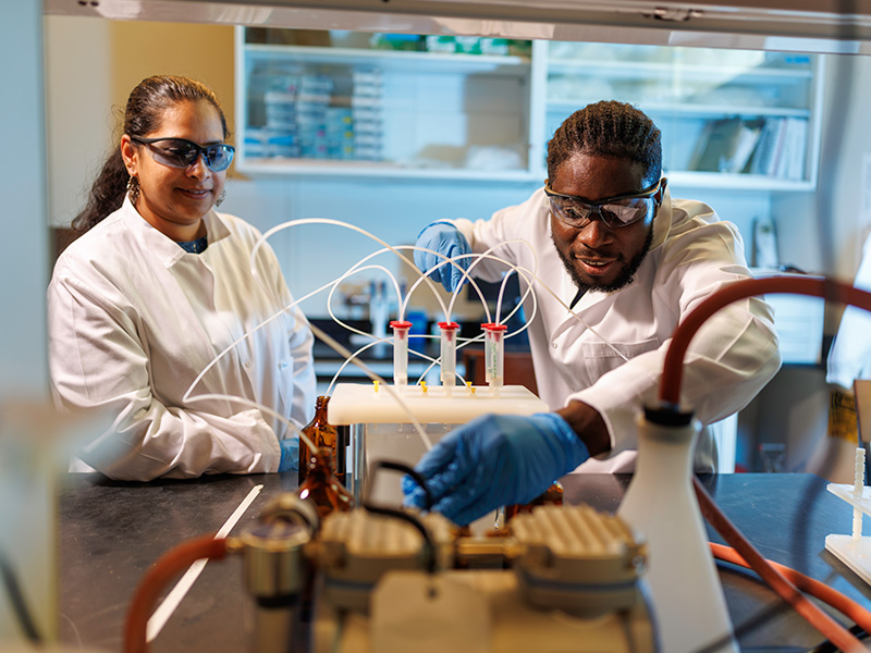 Two researchers in laboratory safety gear operate an experimental setup with tubing and sample containers on a lab bench.