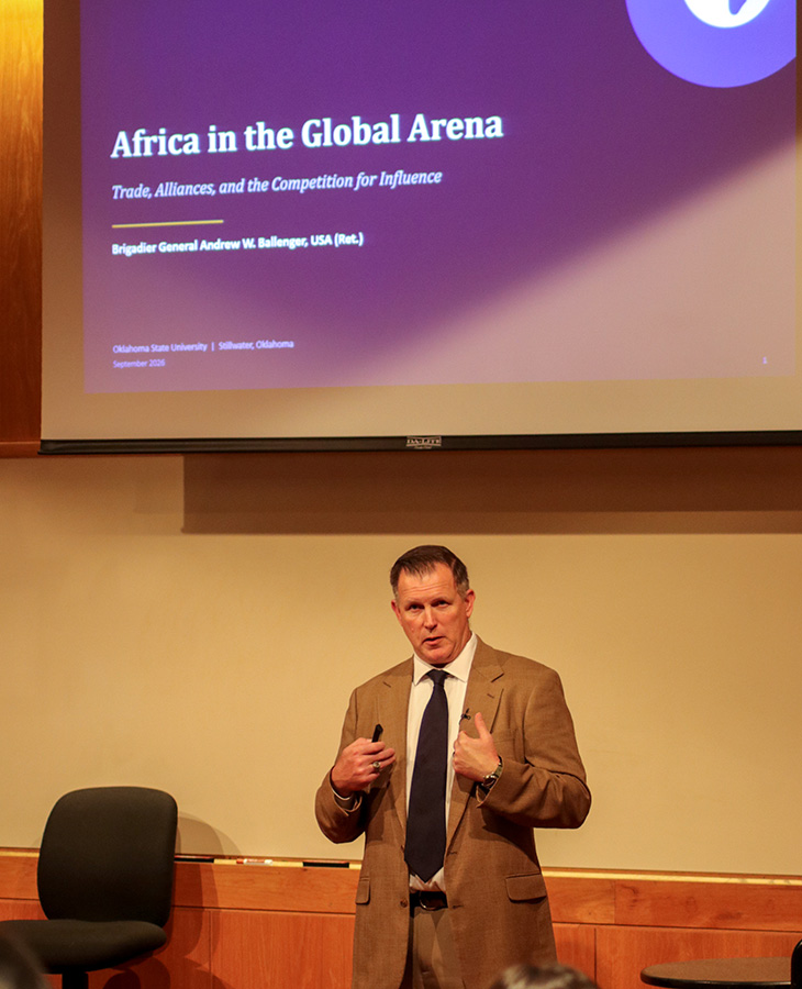 Retired military leader Andrew W. Ballenger delivers a presentation at Oklahoma State University examining Africa’s role in global trade, alliances and international influence, offering students and faculty insight into contemporary geopolitical issues.