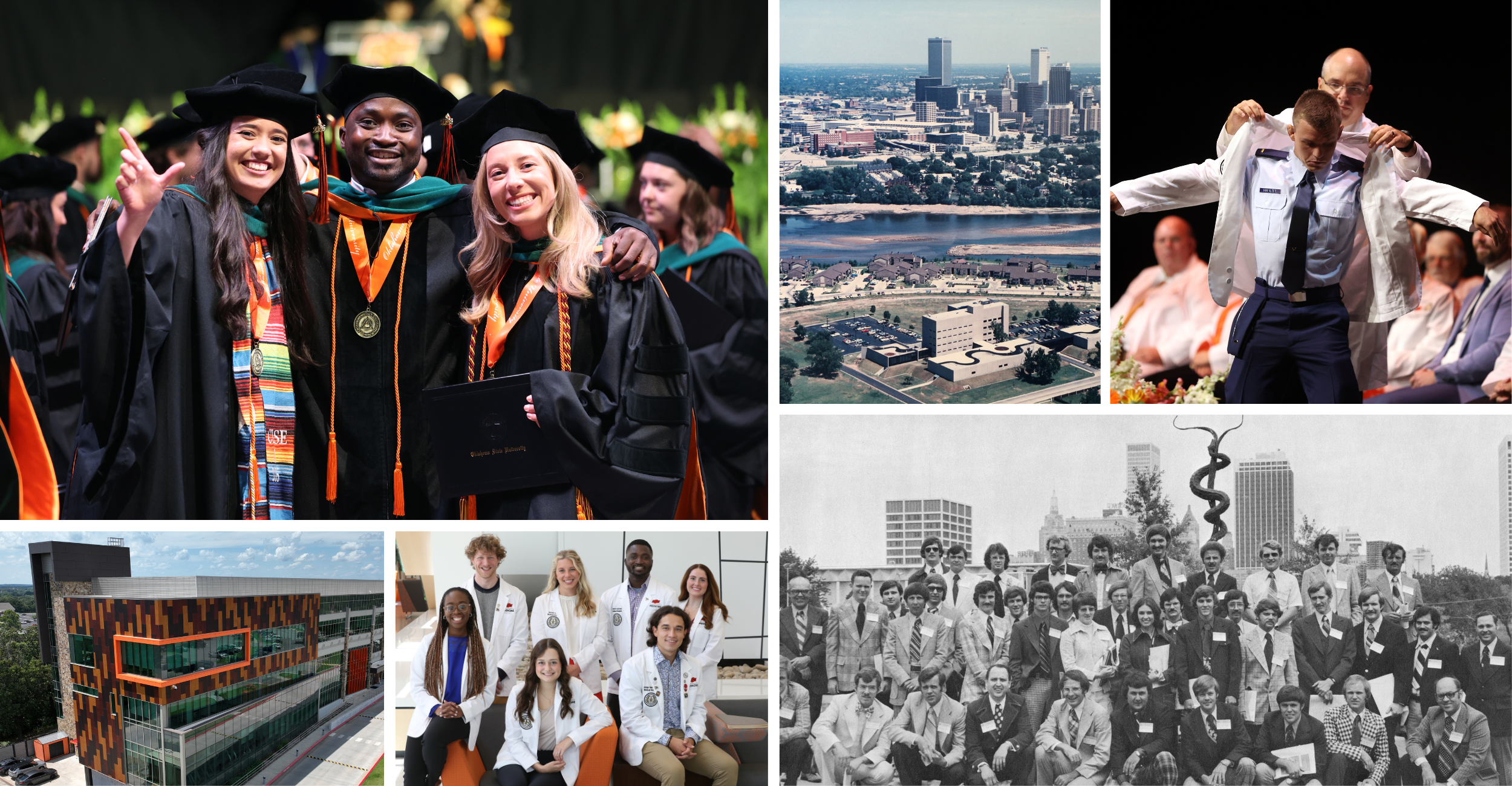 A collage of photos including historic photos of the OSU Center for Health Sciences campus and the medical school’s inaugural class as well as photos of the 50th graduating class including from the class of 2026’s White Coat Ceremony, the Student Government Association class officers and from their graduation ceremony.