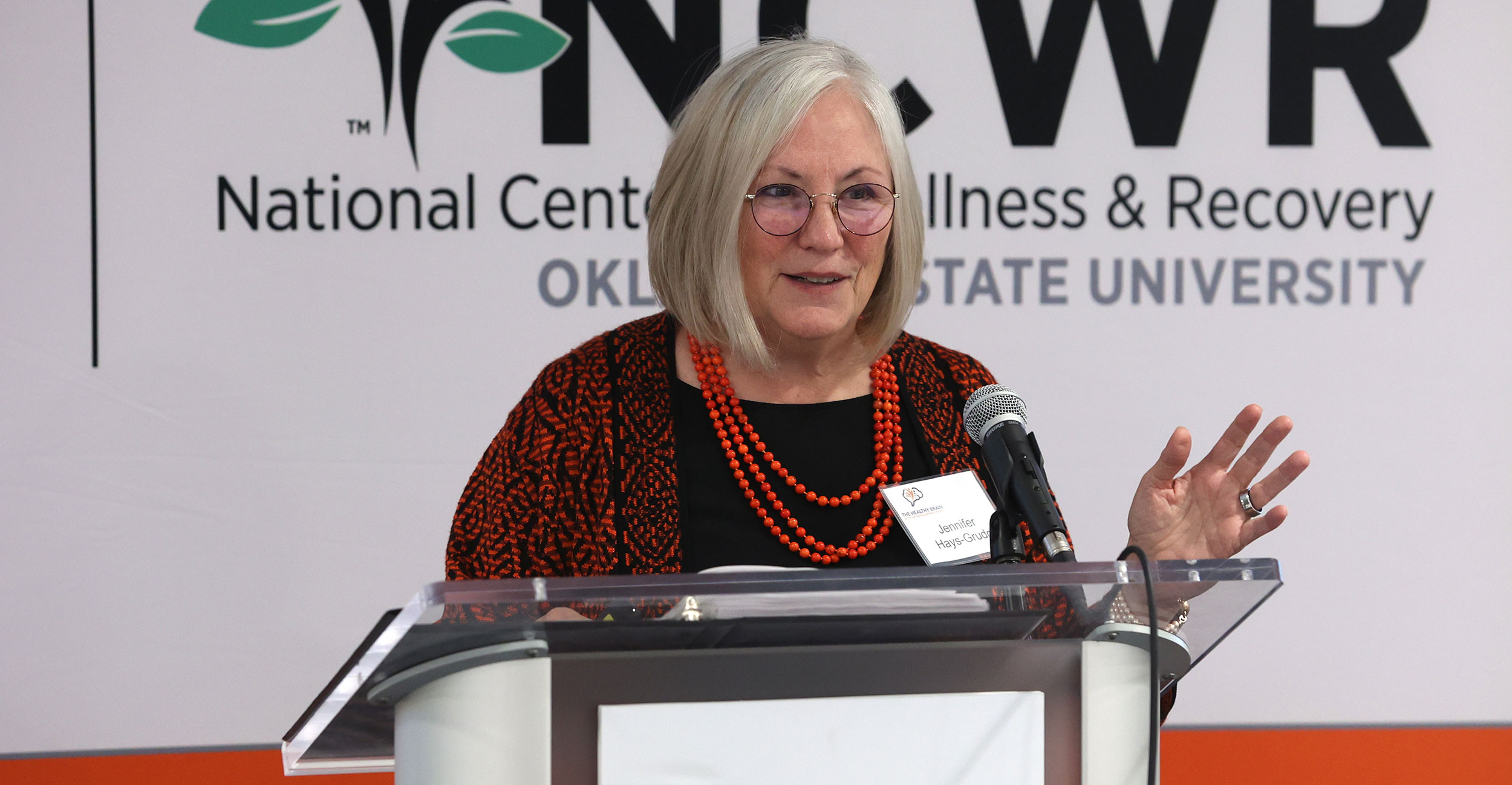 Jennifer Hays-Grudo, CIRCA director, makes remarks during a reception at the National Center for Wellness and Recovery (NCWR) Hardesty Center for Clinical Research and Neuroscience earlier in 2022. CIRCA was recently awarded $9.5 million from the NIH for continued research into ACEs.