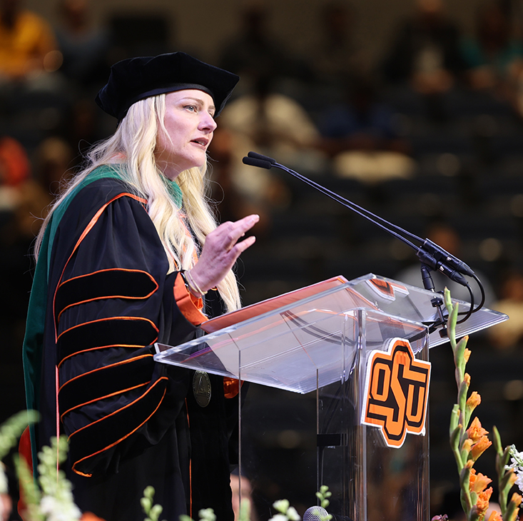 OSU President Kayse Shrum speaks during the OSU College of Osteopathic Medicine commencement ceremony.