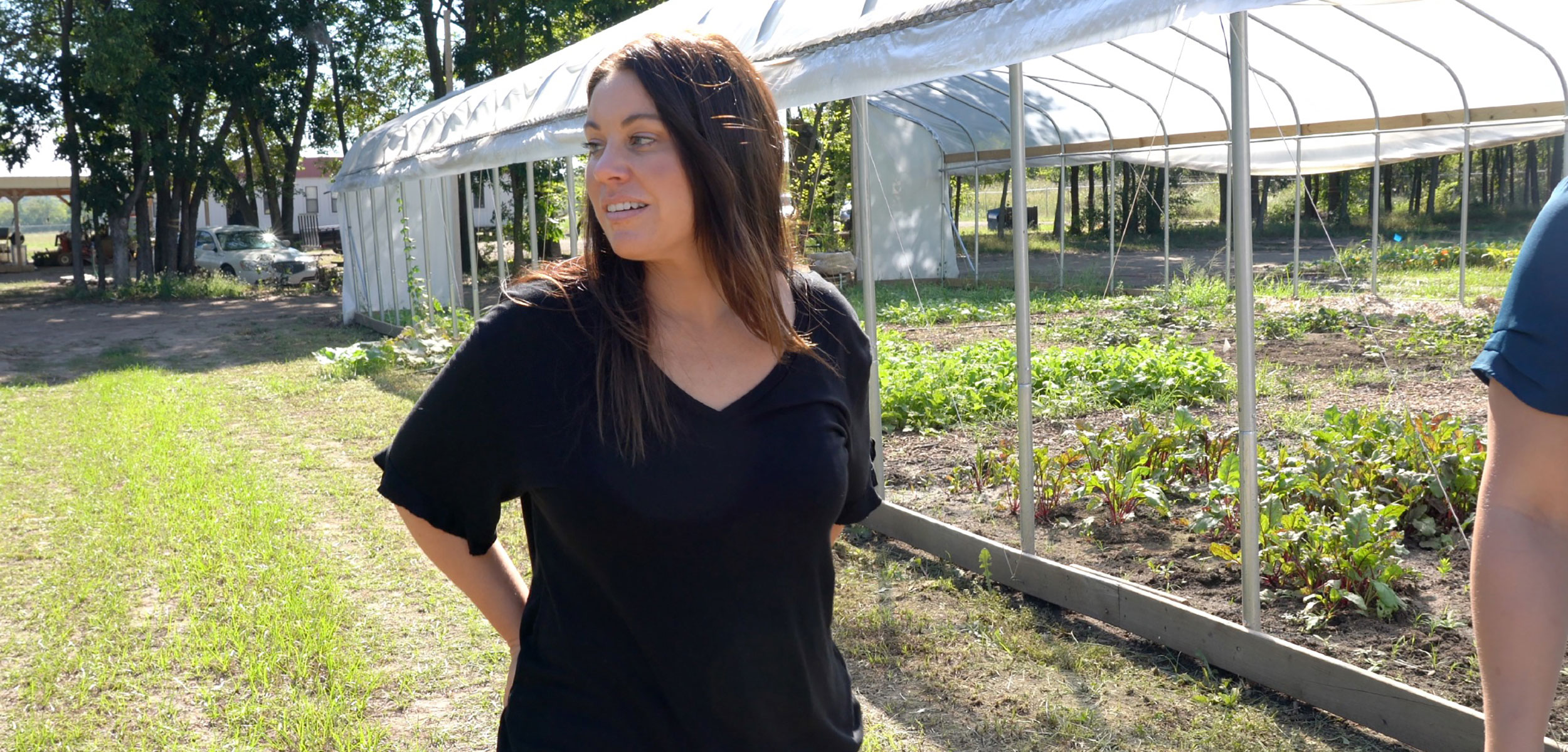 Valarie Blue Bird Jernigan, director of the Center for Indigenous Health Research and Policy, visits a farm operated by the Osage Nation.