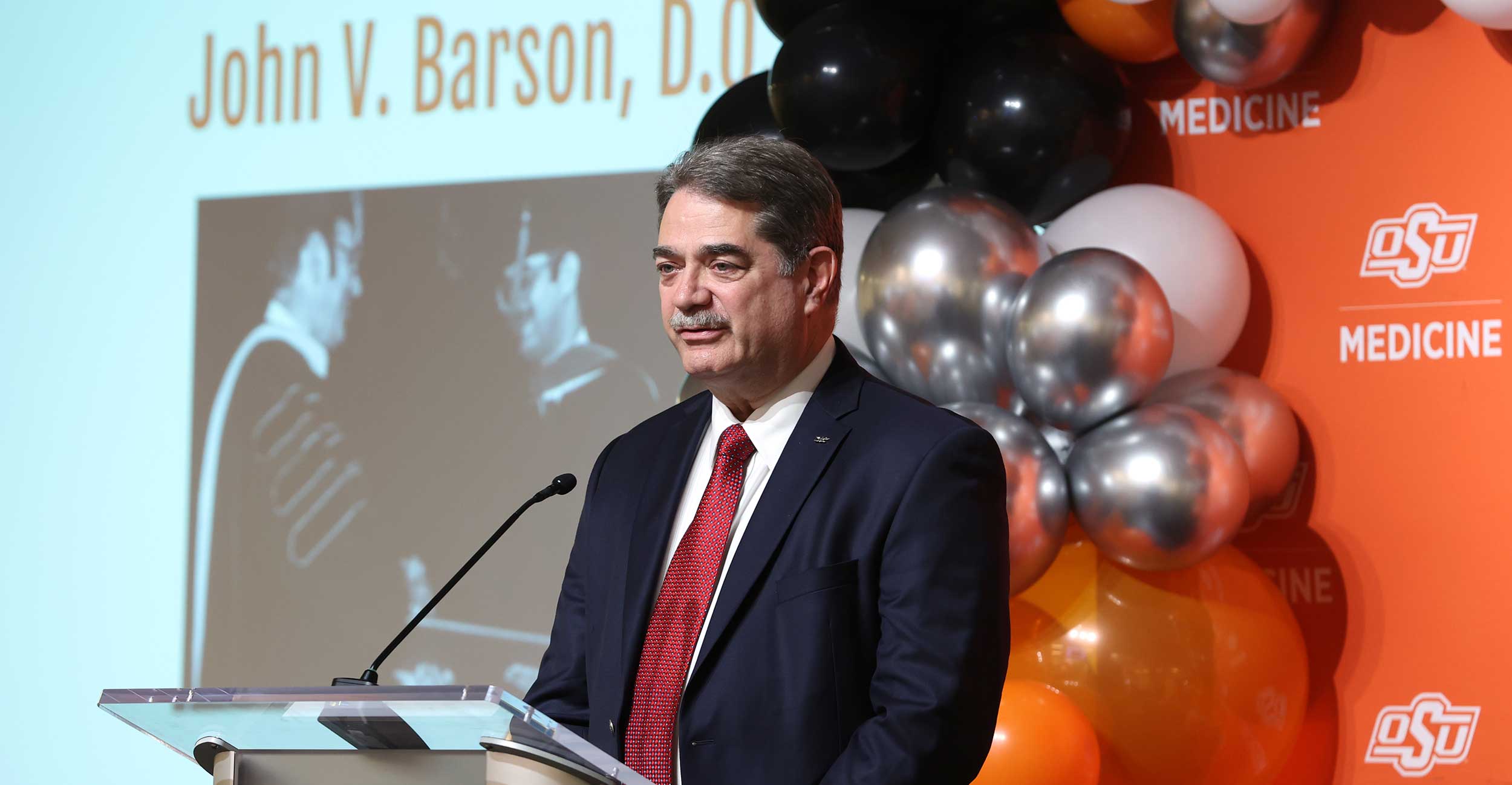 Dr. John V. Barson delivers remarks at the College of Osteopathic Medicine 50th birthday party on the OSU Center for Health Sciences campus March 10, 2022.