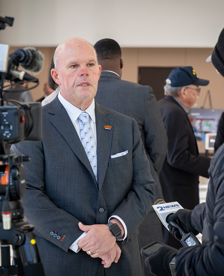 Oklahoma State University Center for Health Sciences President Johnny Stephens talks with members of the media at the transfer ceremony of the James Mountain Inhofe Veterans Hospital on November 11, 2025.