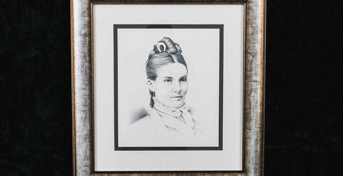 A charcoal portrait of Dr. Isabel Cobb, a Cherokee citizen and first female physician in Indian Territory, drawn by her great niece Cherokee artist Joyce Lyle.