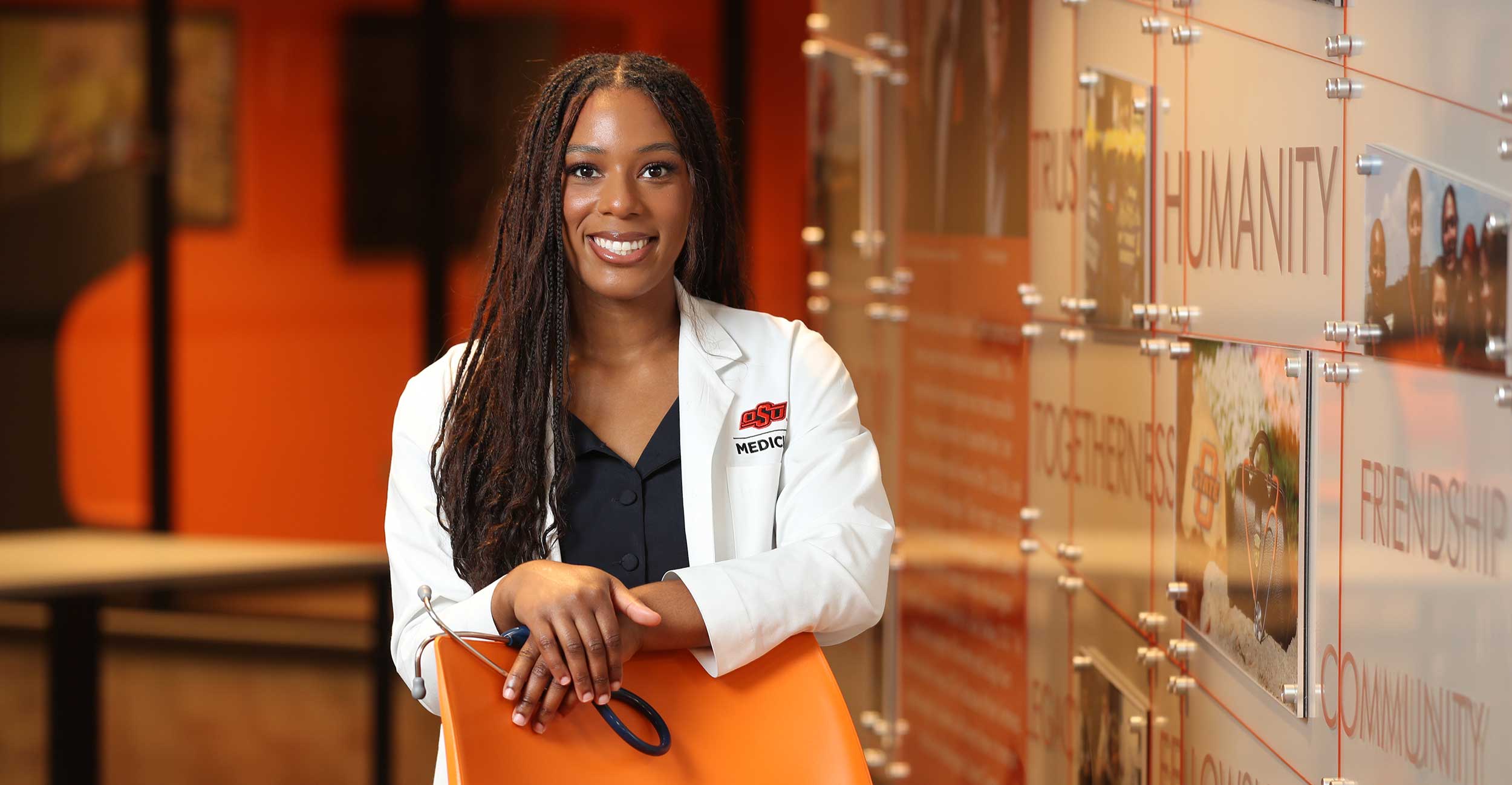 MacKenzie Toliver, a third-year O.S.U. College of Osteopathic Medicine student, stands in the Kern-Headington Student Center on the O.S.U. Center for Health Sciences campus.