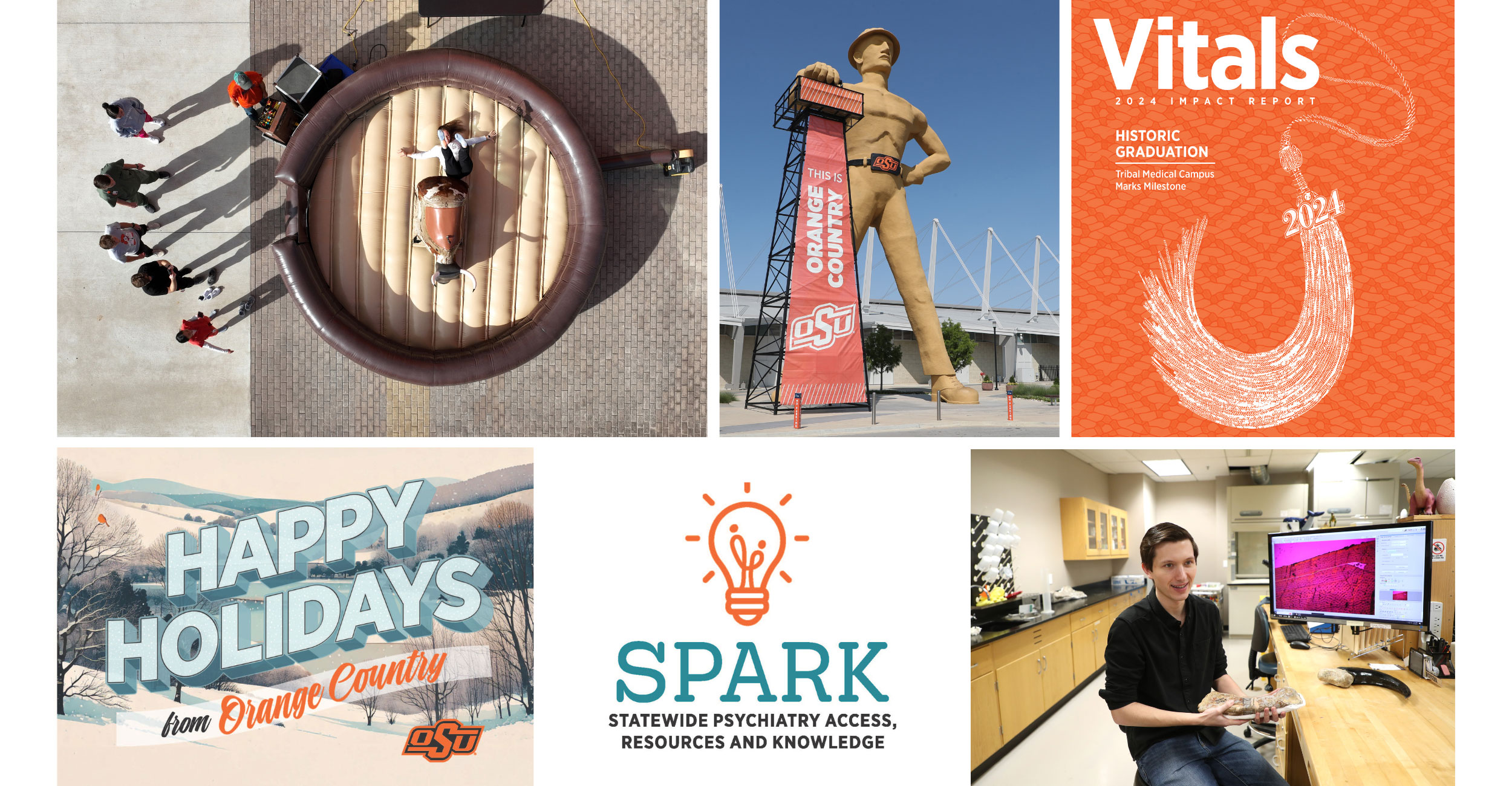 Selection of award-winning graphics, photography, print pieces and writing created by the OSU-CHS marketing and communications team, which took home 14 awards from the 2025 Oklahoma Colleges Public Relations and Association competition in July.